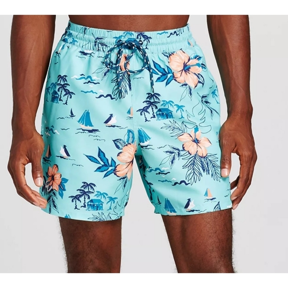 Merona Island Print Swim Trunks Turquoise Size XXL